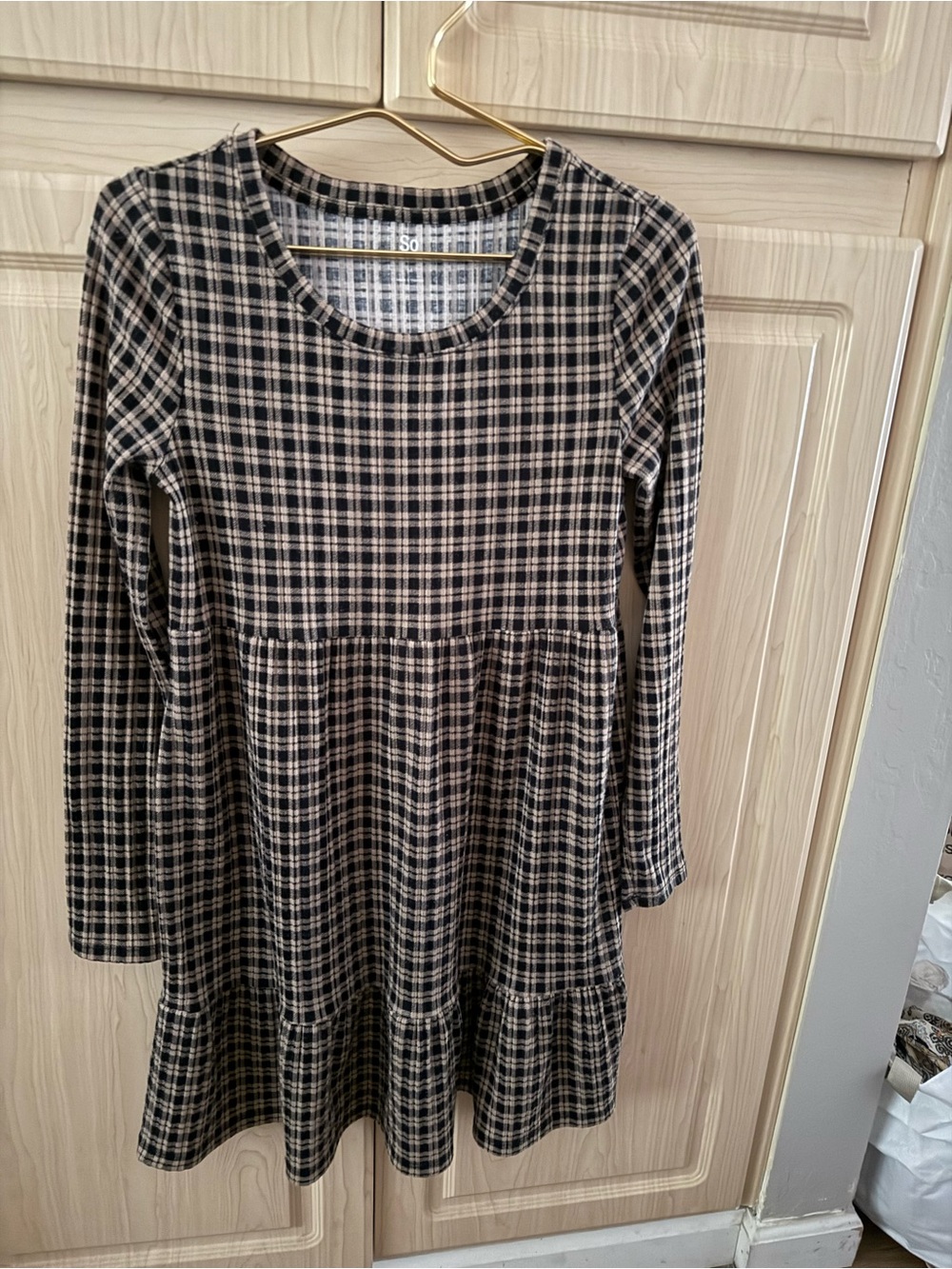 Girls Black and Cream Plaid Long-Sleeve Tiered Dress